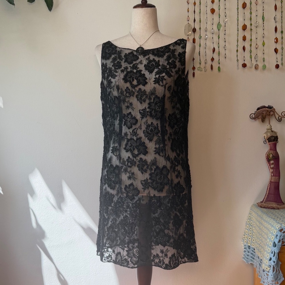 Vintage Black Lace Sequin Floral Beaded Evening Party Shift Dress Goth LBD Femme
